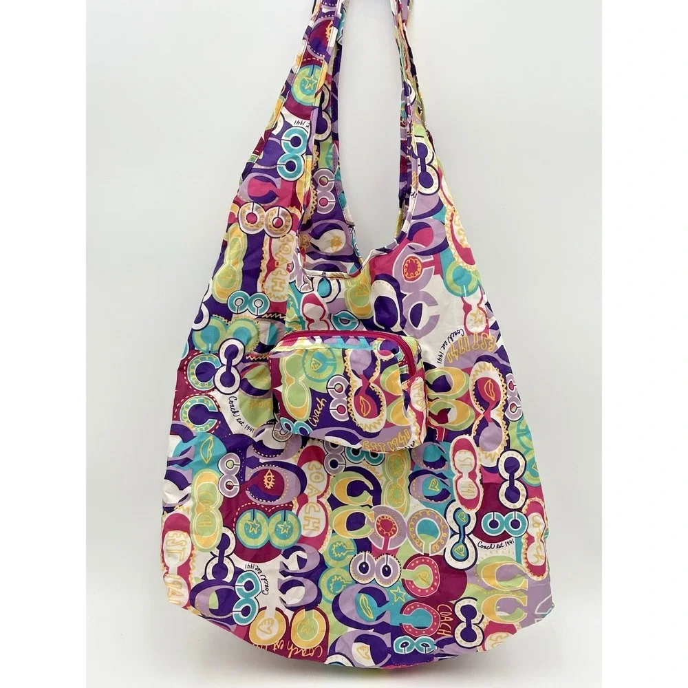 Coach Poppy C Glam Signature Print Packable Nylon Hobo Tote Shopping Bag - Picture 4 of 10